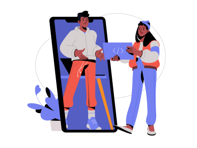 Stylized drawing of two people collaborating on a web site.